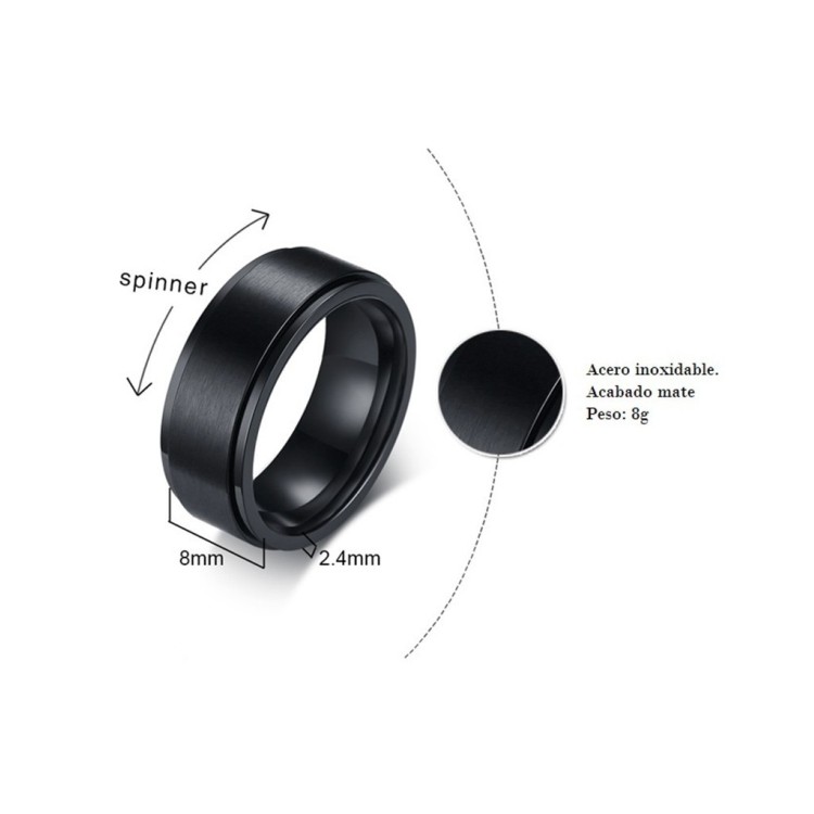 Anillo spinner negro para hombre en acero inoxidable
