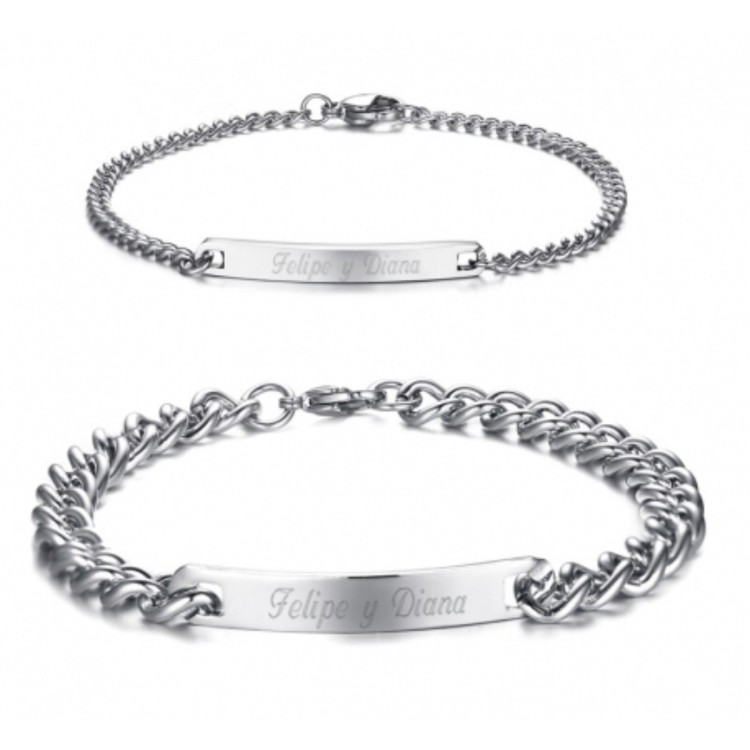 Brazaletes plateados para parejas grabados en acero inoxidable
