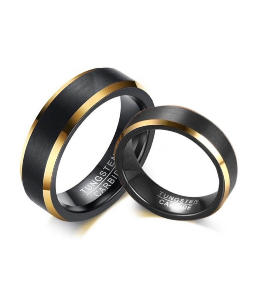 Argollas de matrimonio en tungsteno negro franja color dorado
