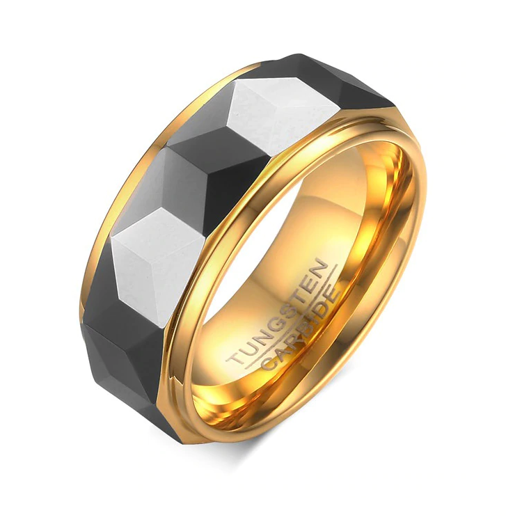Argolla para hombre geométrica de corte facetado en tungsteno