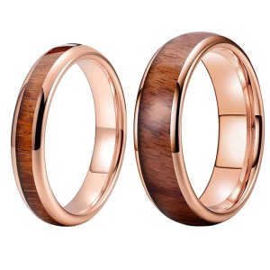 Argollas de matrimonio en tungsteno con franja de madera y acabado brillante con resina